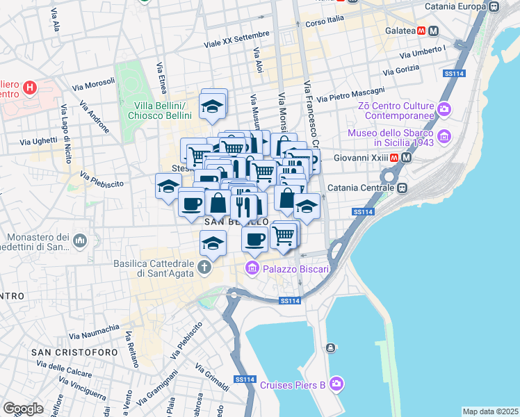 map of restaurants, bars, coffee shops, grocery stores, and more near 62 Via Pistone in Catania