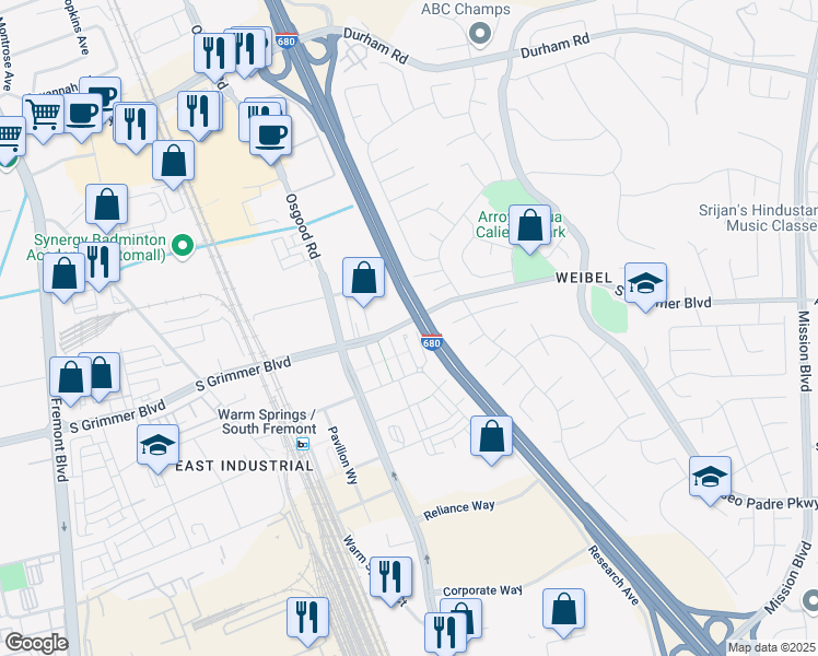 map of restaurants, bars, coffee shops, grocery stores, and more near 45039 South Grimmer Boulevard in Fremont
