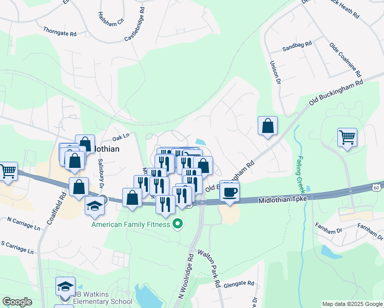 map of restaurants, bars, coffee shops, grocery stores, and more near 1300 Buckingham Station Drive in Midlothian