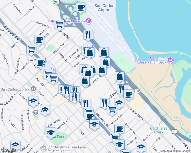 map of restaurants, bars, coffee shops, grocery stores, and more near 930 Commercial Street in San Carlos