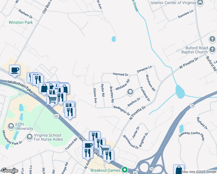 map of restaurants, bars, coffee shops, grocery stores, and more near 908 Brantley Road in Richmond