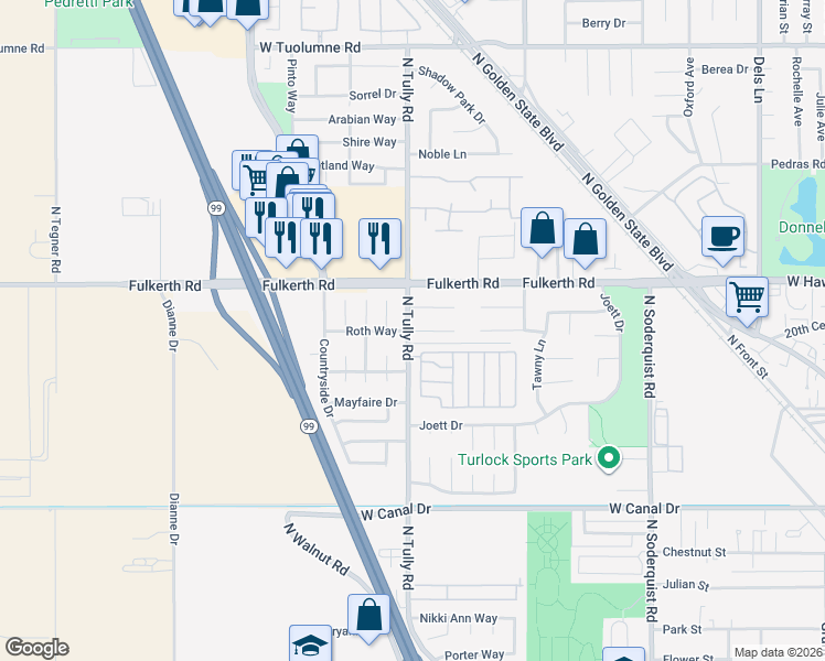 map of restaurants, bars, coffee shops, grocery stores, and more near 2085 Roth Court in Turlock