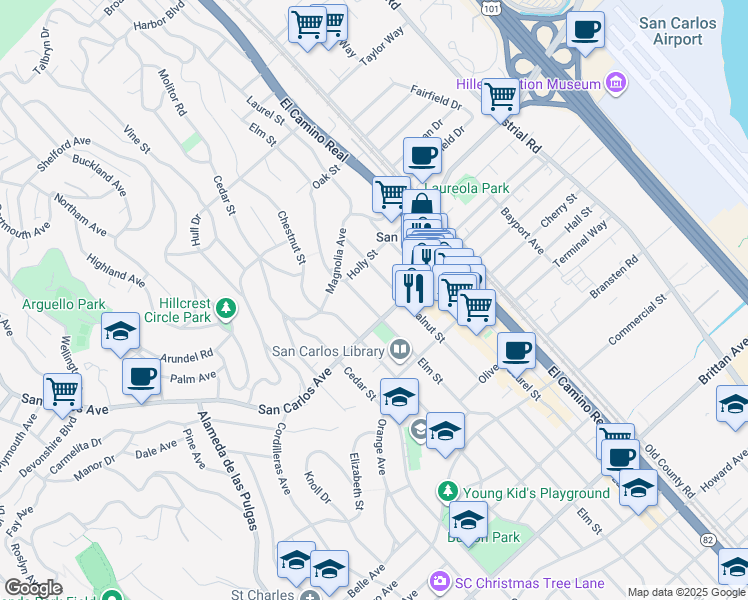 map of restaurants, bars, coffee shops, grocery stores, and more near 553 Elm Street in San Carlos