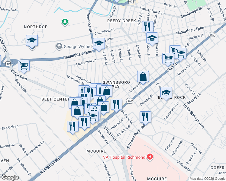 map of restaurants, bars, coffee shops, grocery stores, and more near 213 Winber Drive in Richmond