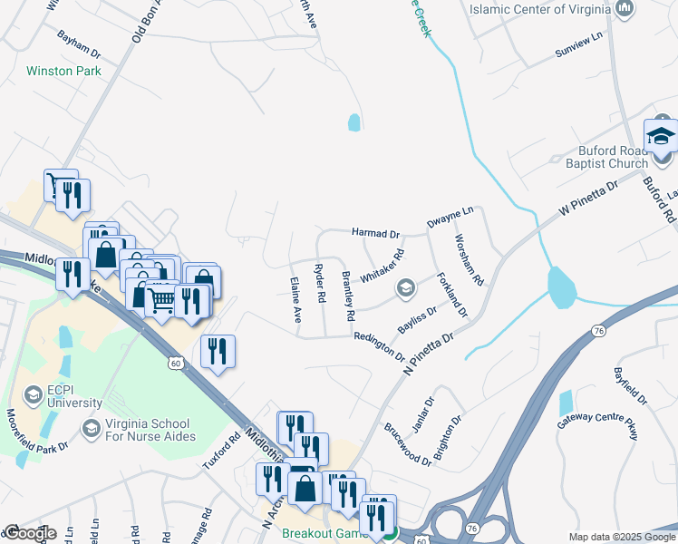 map of restaurants, bars, coffee shops, grocery stores, and more near 908 Brantley Road in Richmond