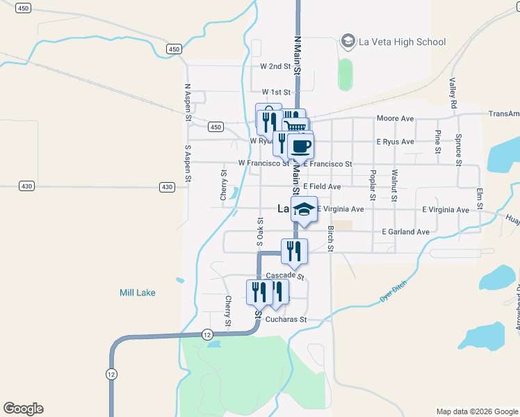 map of restaurants, bars, coffee shops, grocery stores, and more near 200 West Virginia Street in La Veta