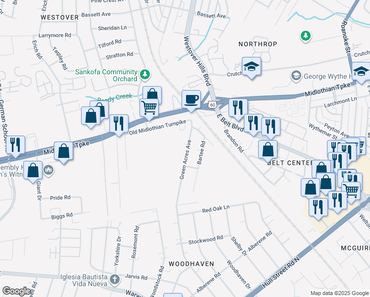 map of restaurants, bars, coffee shops, grocery stores, and more near 138 Green Acres Avenue in Richmond