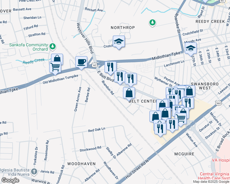 map of restaurants, bars, coffee shops, grocery stores, and more near 157 Brandon Road in Richmond