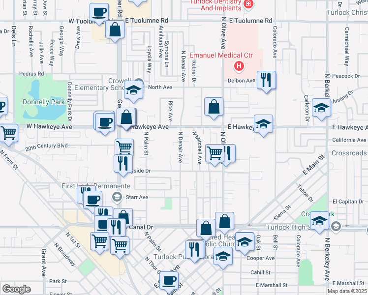 map of restaurants, bars, coffee shops, grocery stores, and more near 1390 North Denair Avenue in Turlock