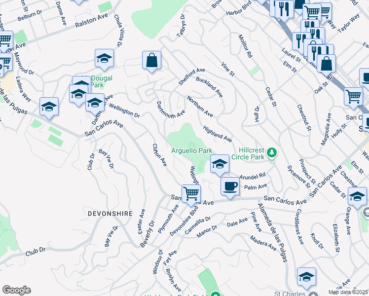 map of restaurants, bars, coffee shops, grocery stores, and more near 260 Wellington Drive in San Carlos