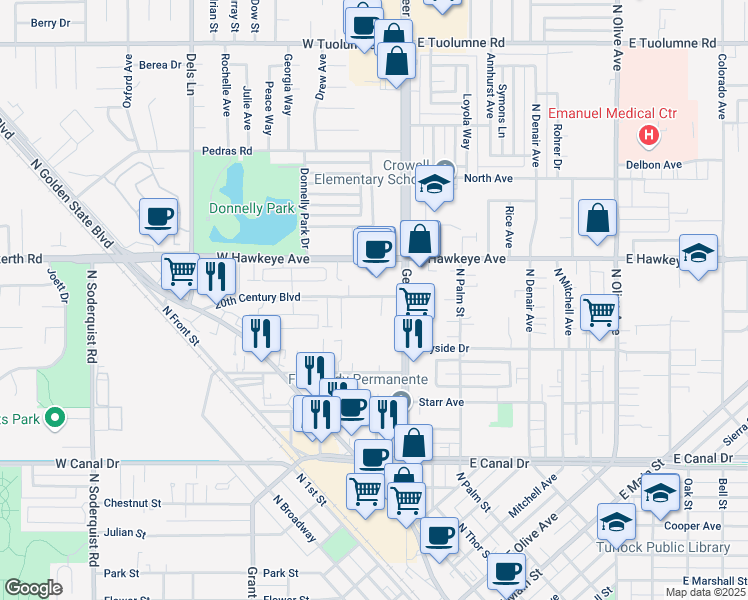 map of restaurants, bars, coffee shops, grocery stores, and more near 124 20th Century Boulevard in Turlock
