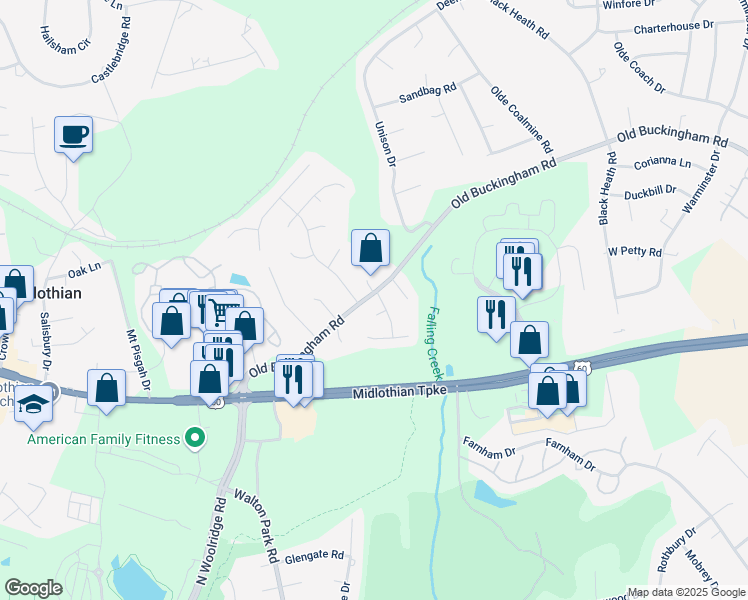 map of restaurants, bars, coffee shops, grocery stores, and more near 1101 Southwick Boulevard in Midlothian