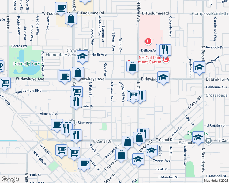 map of restaurants, bars, coffee shops, grocery stores, and more near 1400 North Denair Avenue in Turlock