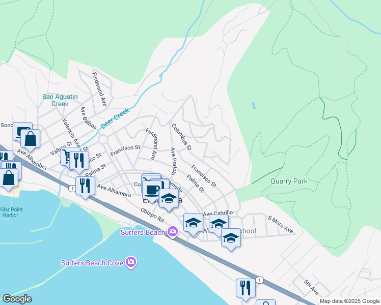 map of restaurants, bars, coffee shops, grocery stores, and more near 2 Columbus Street in El Granada