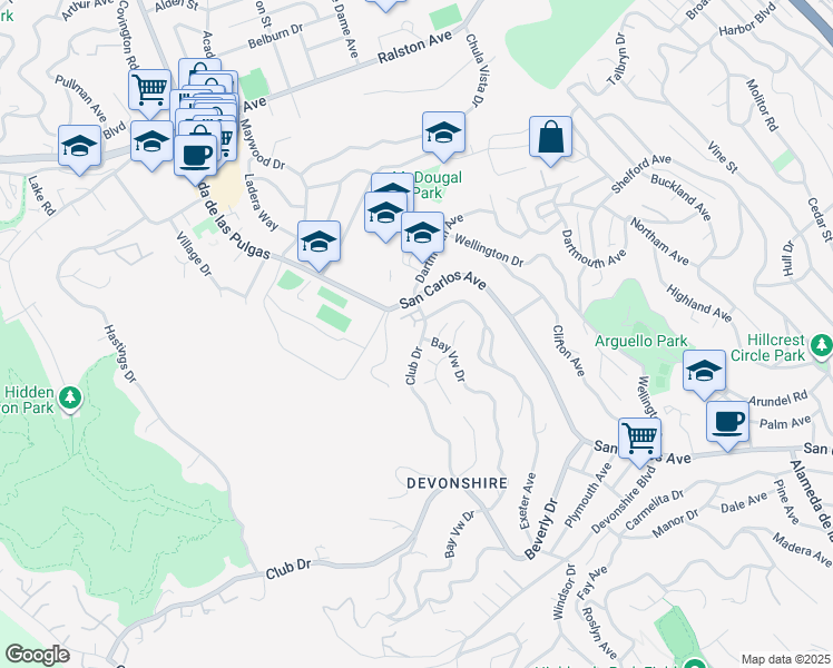 map of restaurants, bars, coffee shops, grocery stores, and more near 90 Gateway Court in San Carlos