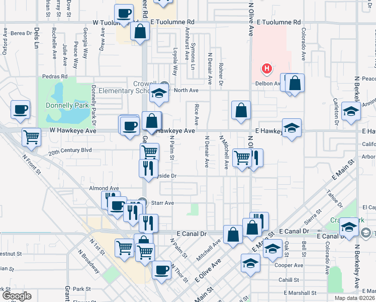 map of restaurants, bars, coffee shops, grocery stores, and more near 1301 North Denair Avenue in Turlock