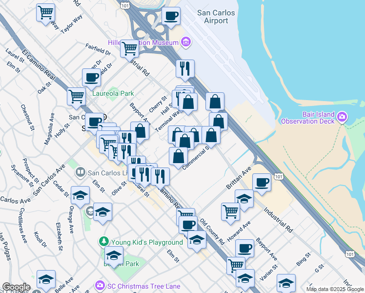 map of restaurants, bars, coffee shops, grocery stores, and more near 977 Bransten Road in San Carlos