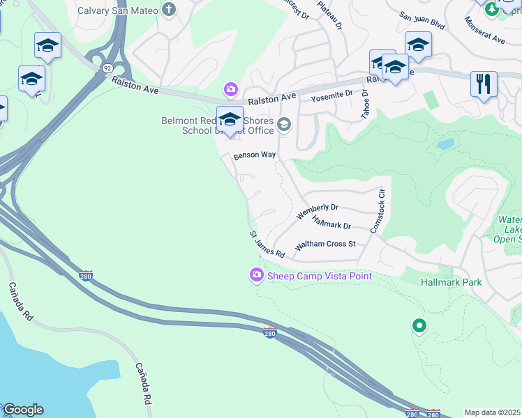 map of restaurants, bars, coffee shops, grocery stores, and more near 17 Rinconada Circle in Belmont