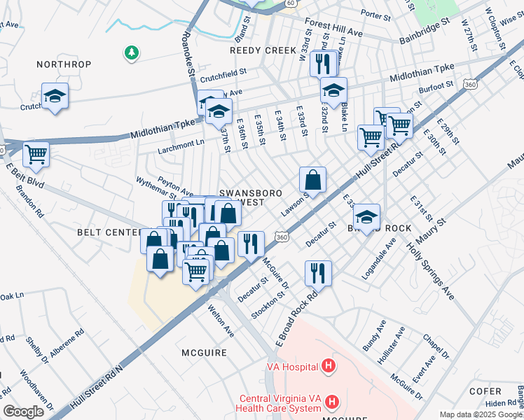 map of restaurants, bars, coffee shops, grocery stores, and more near 3702 McRand Street in Richmond