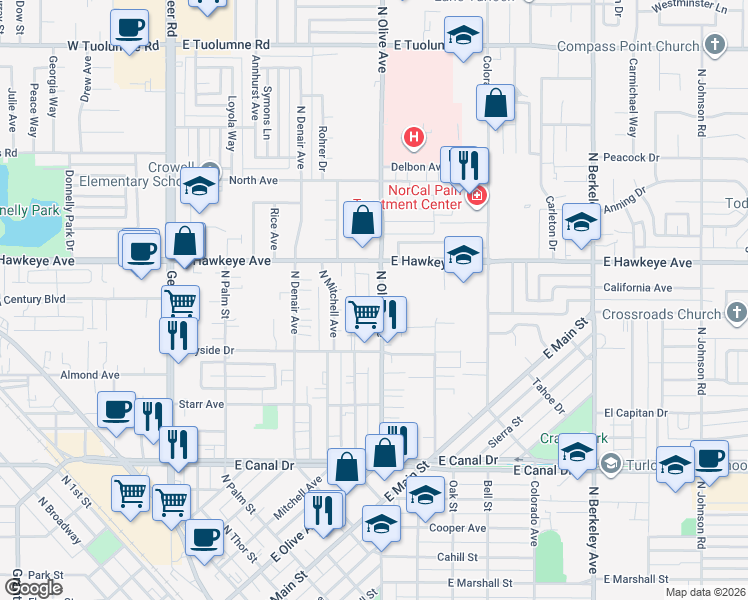 map of restaurants, bars, coffee shops, grocery stores, and more near 1510 Springville Way in Turlock