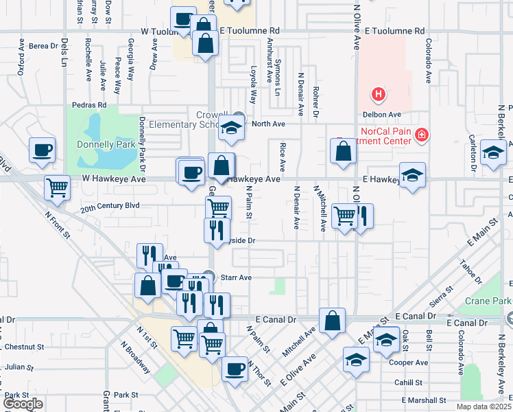 map of restaurants, bars, coffee shops, grocery stores, and more near 1340 North Palm Street in Turlock