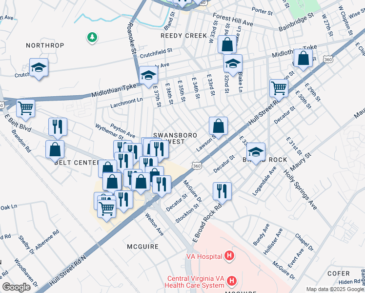map of restaurants, bars, coffee shops, grocery stores, and more near 3702 McRand Street in Richmond