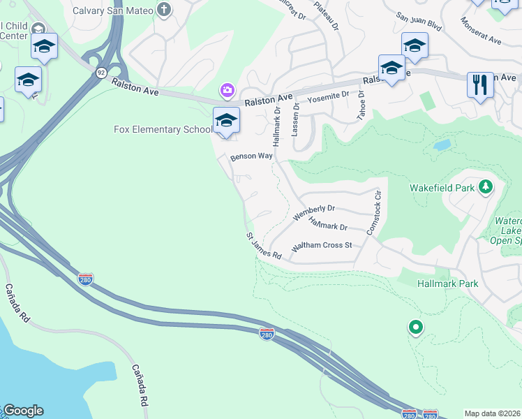map of restaurants, bars, coffee shops, grocery stores, and more near 2 Rinconada Circle in Belmont