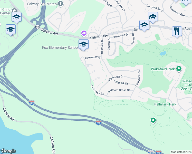 map of restaurants, bars, coffee shops, grocery stores, and more near 17 Rinconada Circle in Belmont
