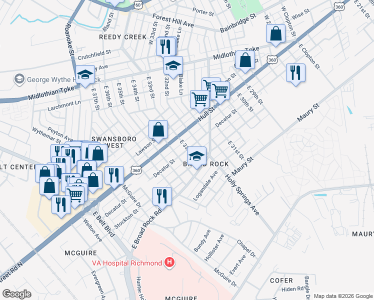 map of restaurants, bars, coffee shops, grocery stores, and more near 3309 Decatur Street in Richmond