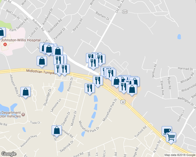 map of restaurants, bars, coffee shops, grocery stores, and more near 9991 Robious Road in Bon Air