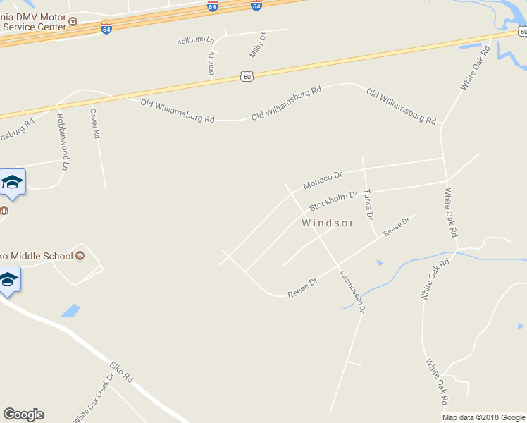 map of restaurants, bars, coffee shops, grocery stores, and more near 4612 Monaco Drive in Sandston