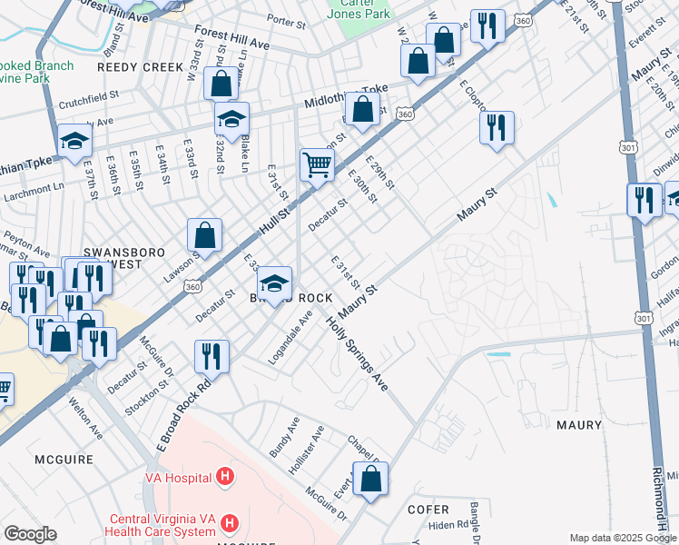map of restaurants, bars, coffee shops, grocery stores, and more near 3103 Logandale Avenue in Richmond