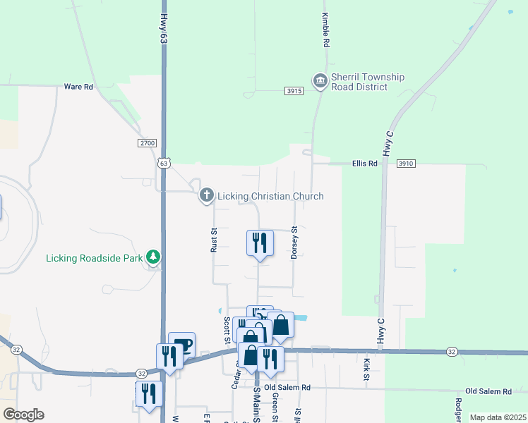 map of restaurants, bars, coffee shops, grocery stores, and more near 236 North Main Street in Licking