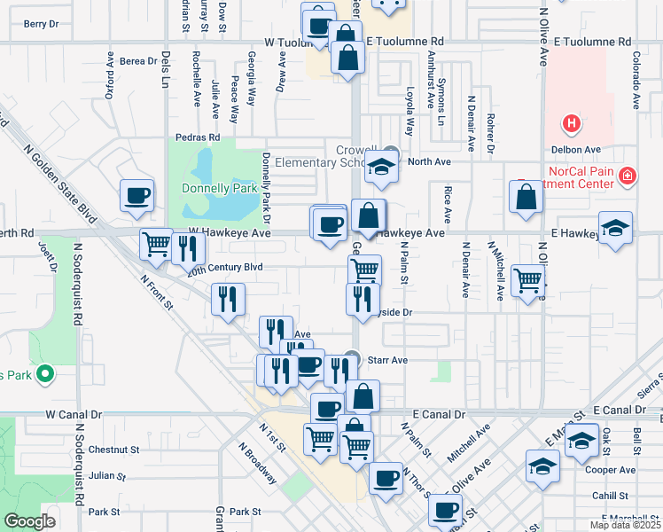 map of restaurants, bars, coffee shops, grocery stores, and more near 124 20th Century Boulevard in Turlock