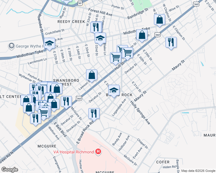map of restaurants, bars, coffee shops, grocery stores, and more near 3309 Decatur Street in Richmond