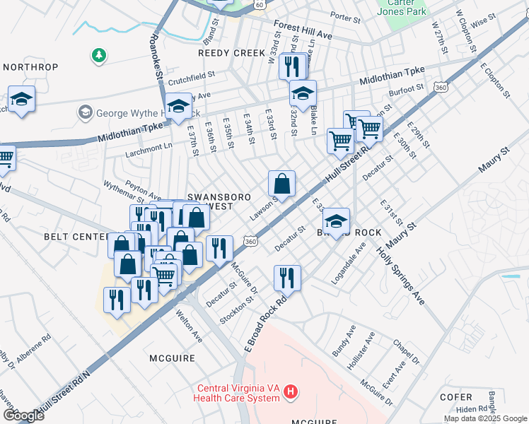 map of restaurants, bars, coffee shops, grocery stores, and more near 3508 Lawson Street in Richmond