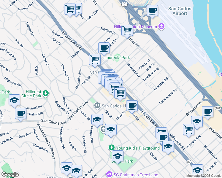 map of restaurants, bars, coffee shops, grocery stores, and more near 637a Laurel Street in San Carlos