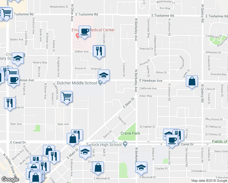 map of restaurants, bars, coffee shops, grocery stores, and more near 1465 Niel Avenue in Turlock