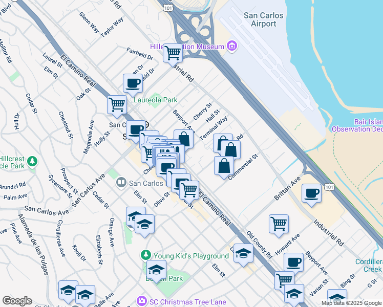 map of restaurants, bars, coffee shops, grocery stores, and more near 1055 Terminal Way in San Carlos