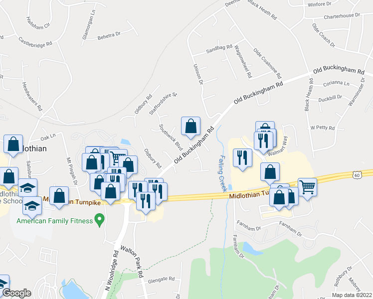 map of restaurants, bars, coffee shops, grocery stores, and more near 1101 Southwick Boulevard in Midlothian