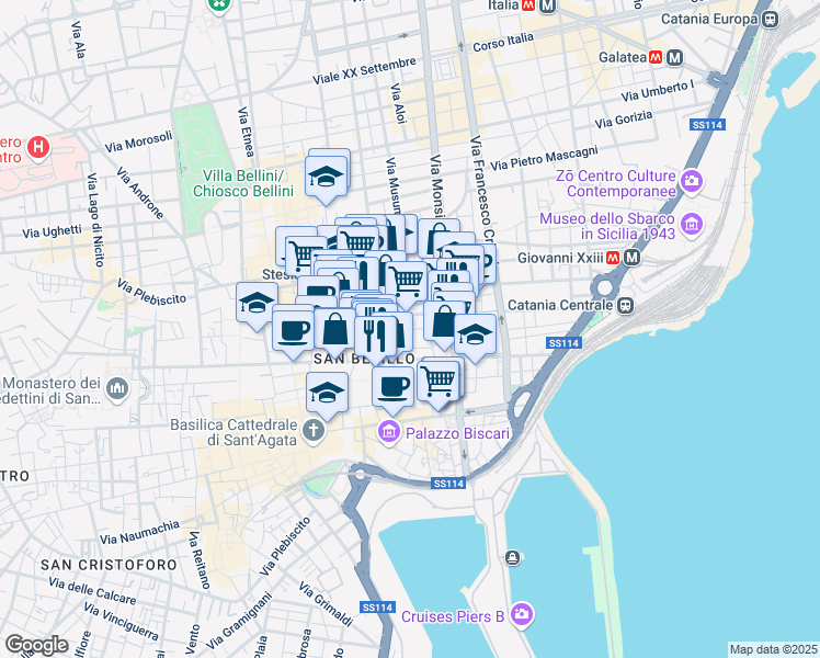 map of restaurants, bars, coffee shops, grocery stores, and more near 62 Via Pistone in Catania