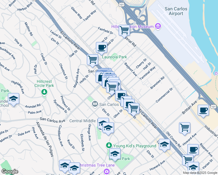 map of restaurants, bars, coffee shops, grocery stores, and more near 637a Laurel Street in San Carlos