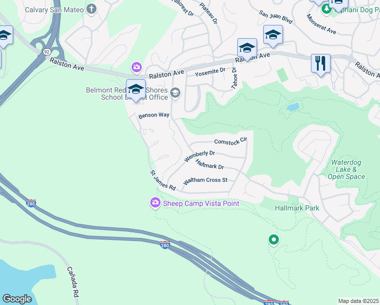 map of restaurants, bars, coffee shops, grocery stores, and more near 2800 Wemberly Drive in Belmont