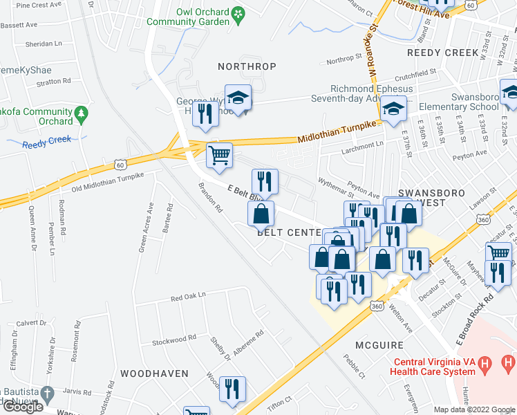 map of restaurants, bars, coffee shops, grocery stores, and more near 168 East Belt Boulevard in Richmond