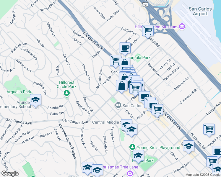 map of restaurants, bars, coffee shops, grocery stores, and more near 553 Elm Street in San Carlos