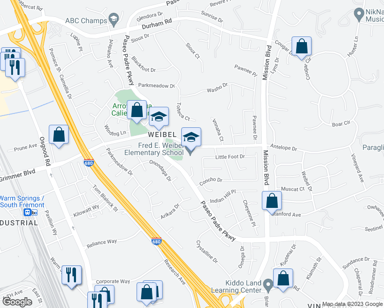 map of restaurants, bars, coffee shops, grocery stores, and more near 45135 South Grimmer Boulevard in Fremont