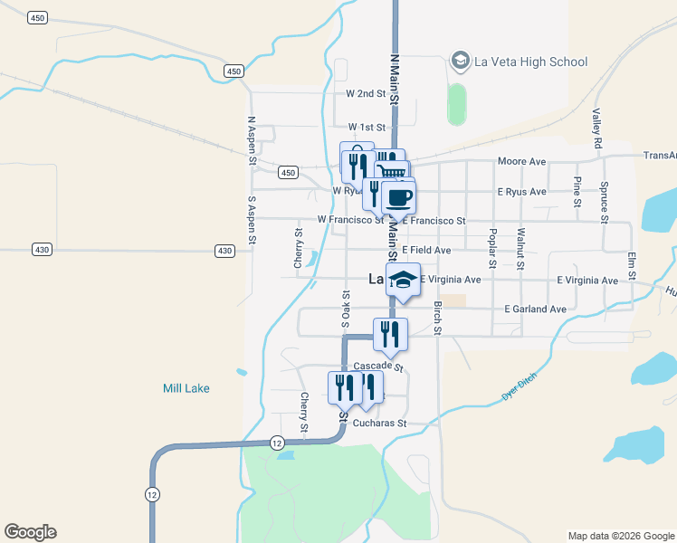 map of restaurants, bars, coffee shops, grocery stores, and more near 200-234 West Virginia Street in La Veta