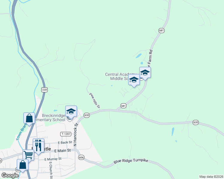 map of restaurants, bars, coffee shops, grocery stores, and more near 114 Pine Hills Court in Fincastle
