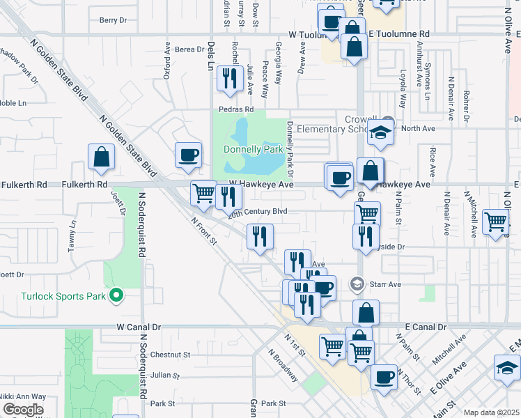 map of restaurants, bars, coffee shops, grocery stores, and more near 515 20th Century Boulevard in Turlock