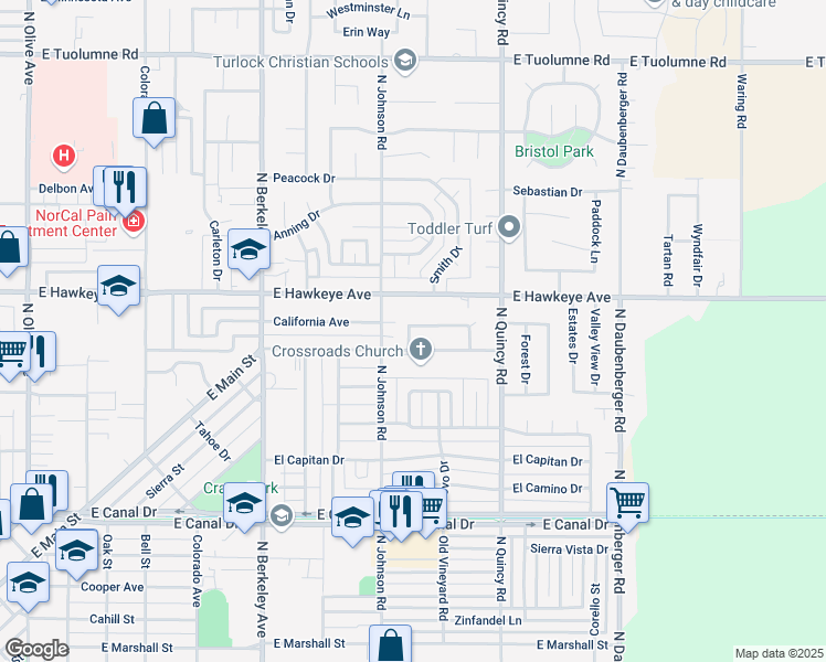 map of restaurants, bars, coffee shops, grocery stores, and more near 1430 Karen Way in Turlock